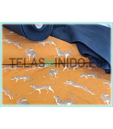 Punto camiseta leopardo ocre combinado con puño azul marino